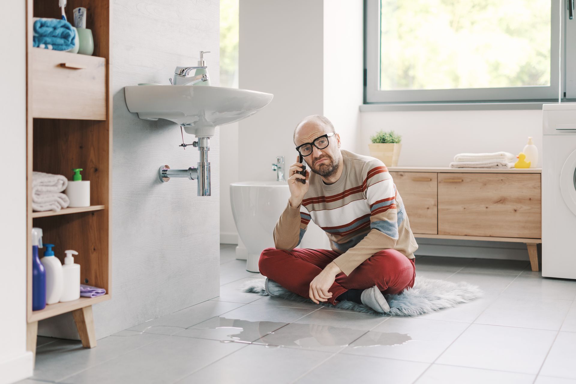 Man sitting on a bathroom floor beside a toilet and sink, holding his head in frustration, with water on the floor
