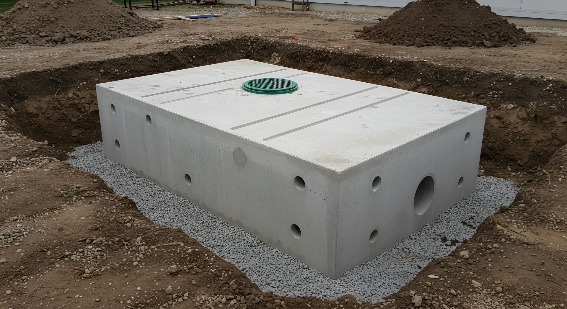 White concrete utility vault with green vent cover, set in a dirt construction site.