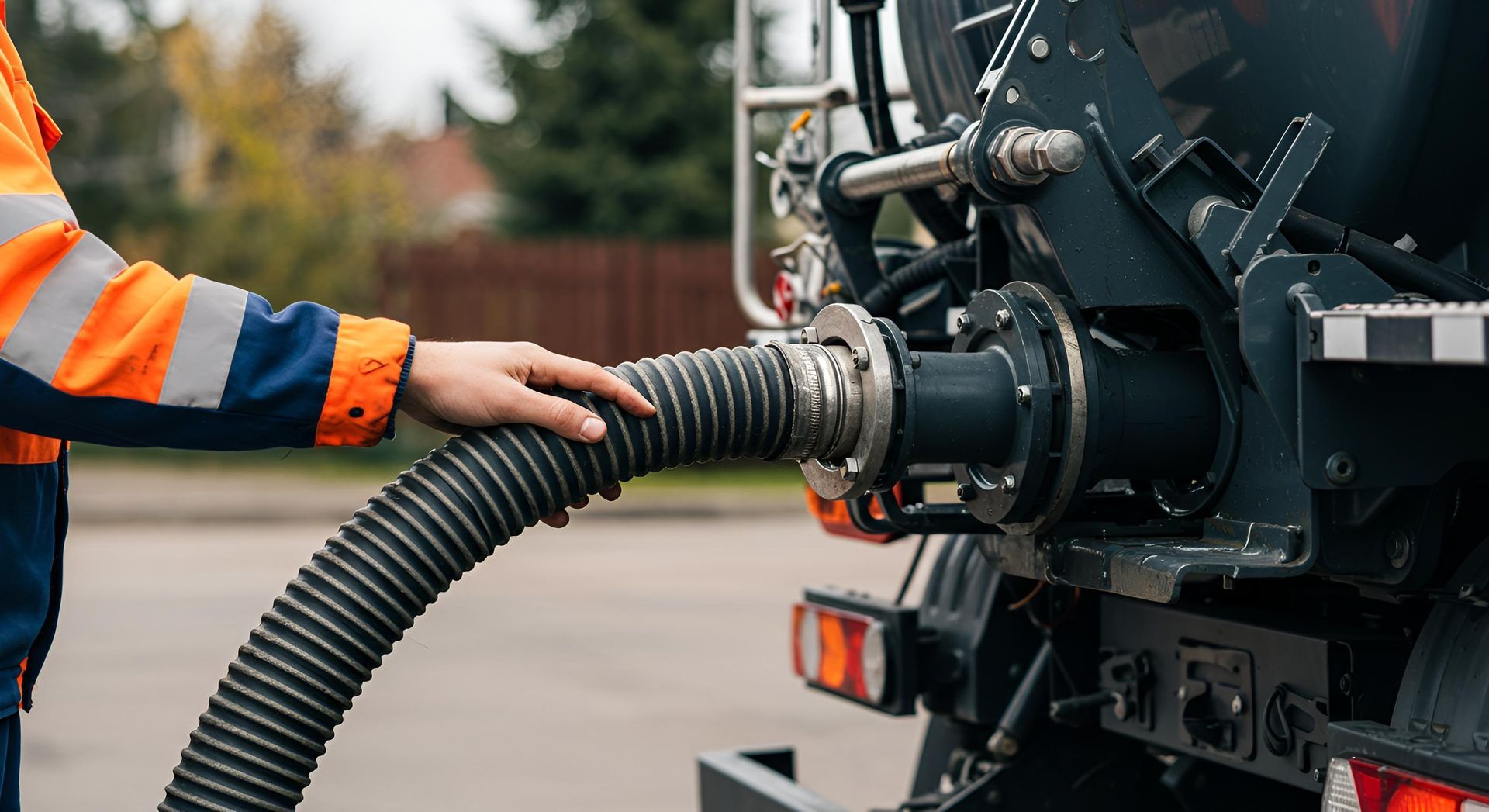Worker in orange safety jacket inserting a hose into a truck's industrial vacuum port