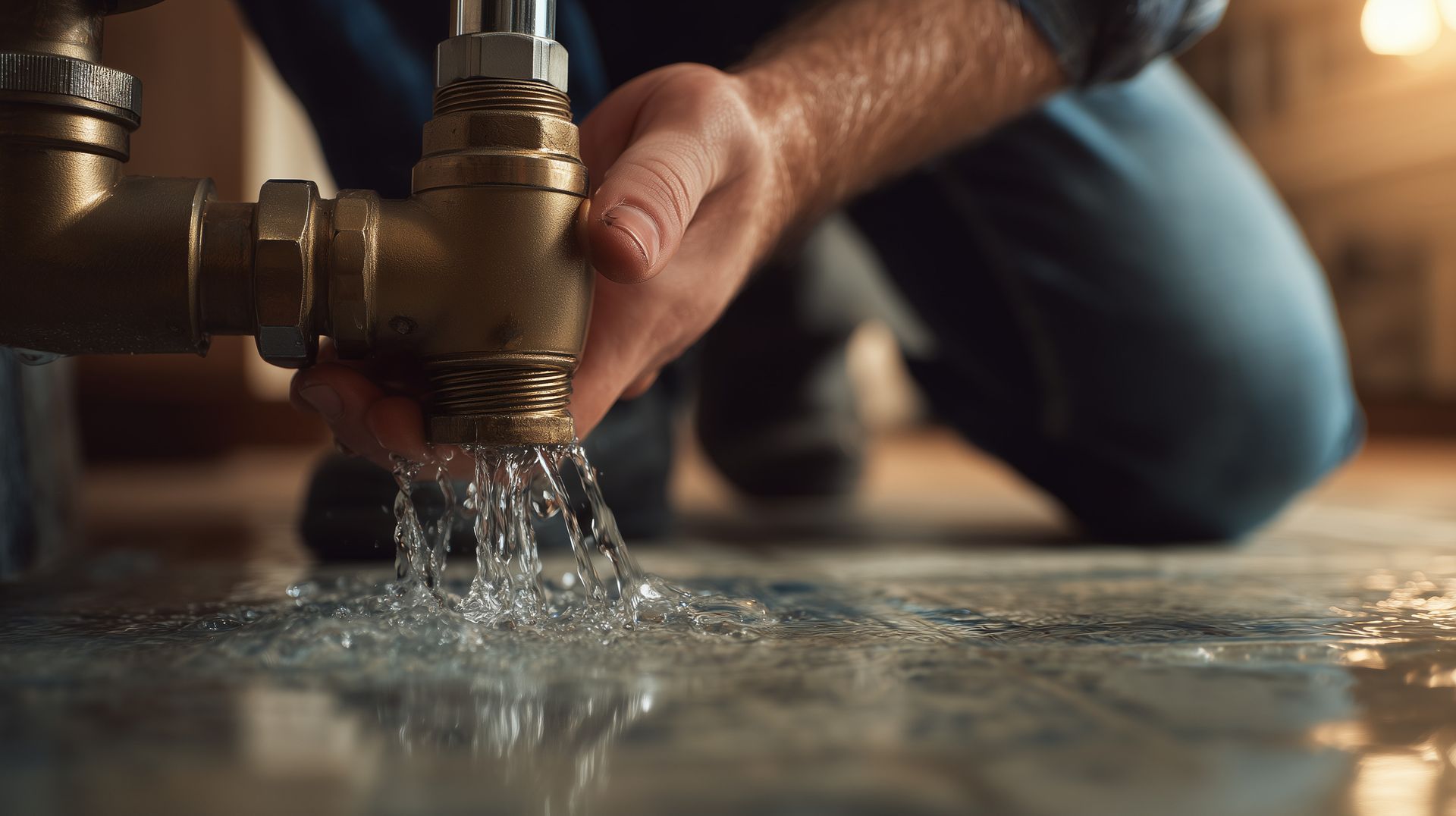 A worker tightening a brass pipe valve as water splashes across the floor.