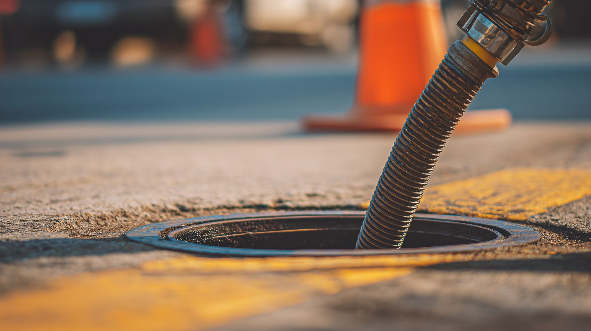 Close-up of a hose draining water into a round street drain near a curb, with a blurred orange cone in the background