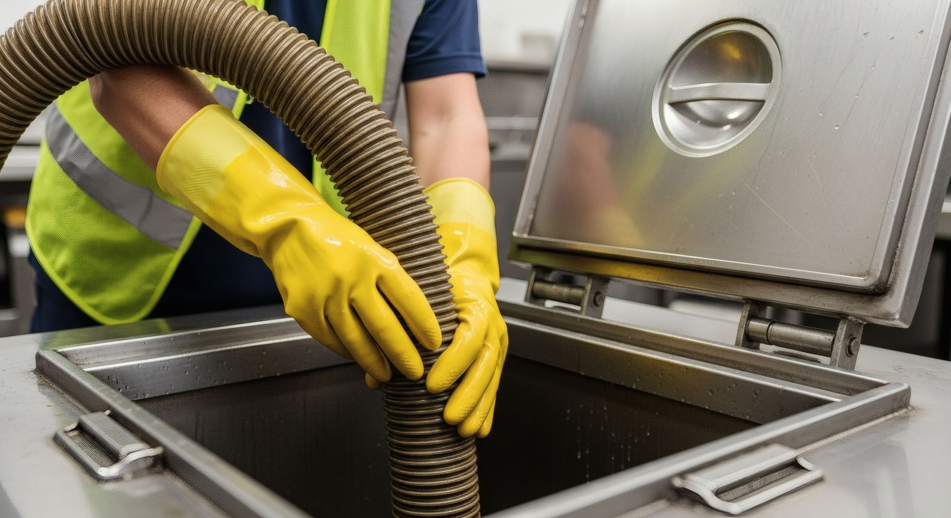 Worker in yellow gloves vacuuming a stainless steel machine opening with a hose