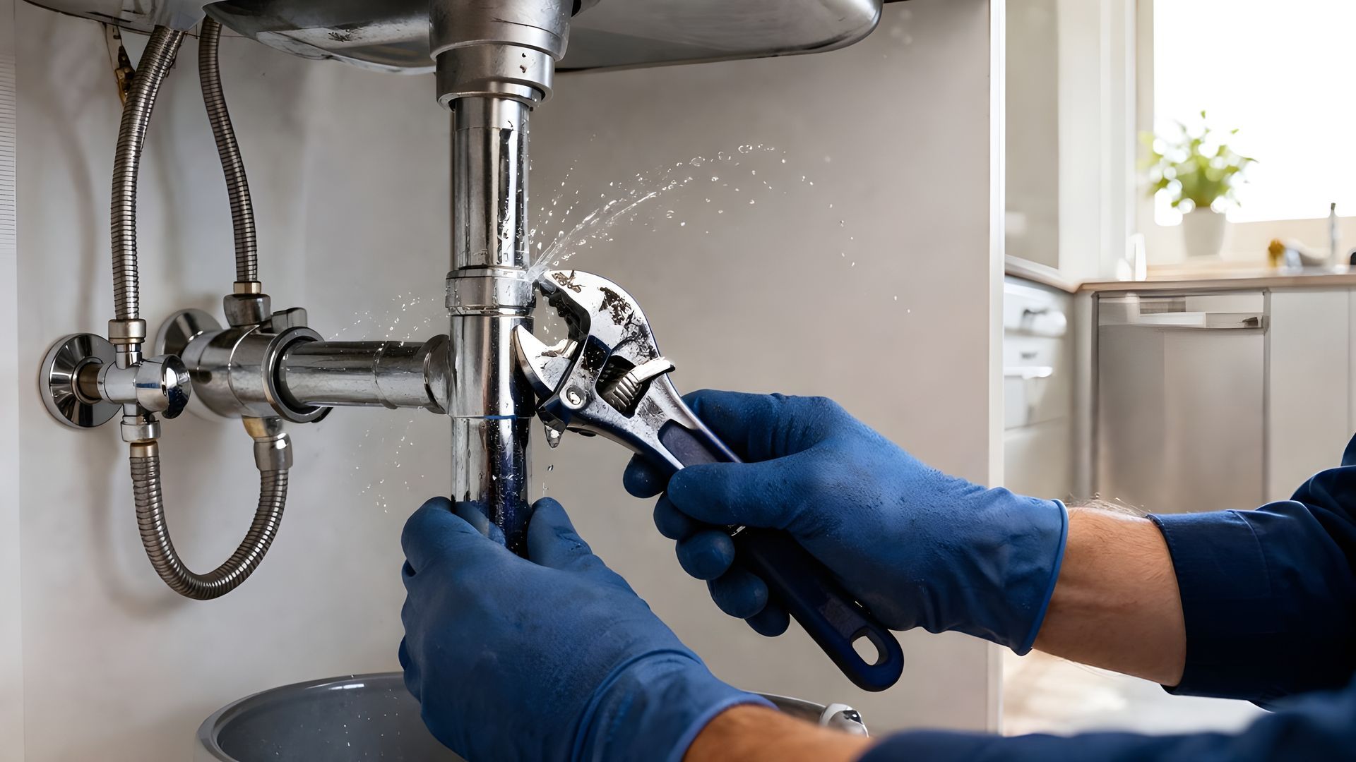Plumber in blue uniform repairing sink pipes under a bathroom counter