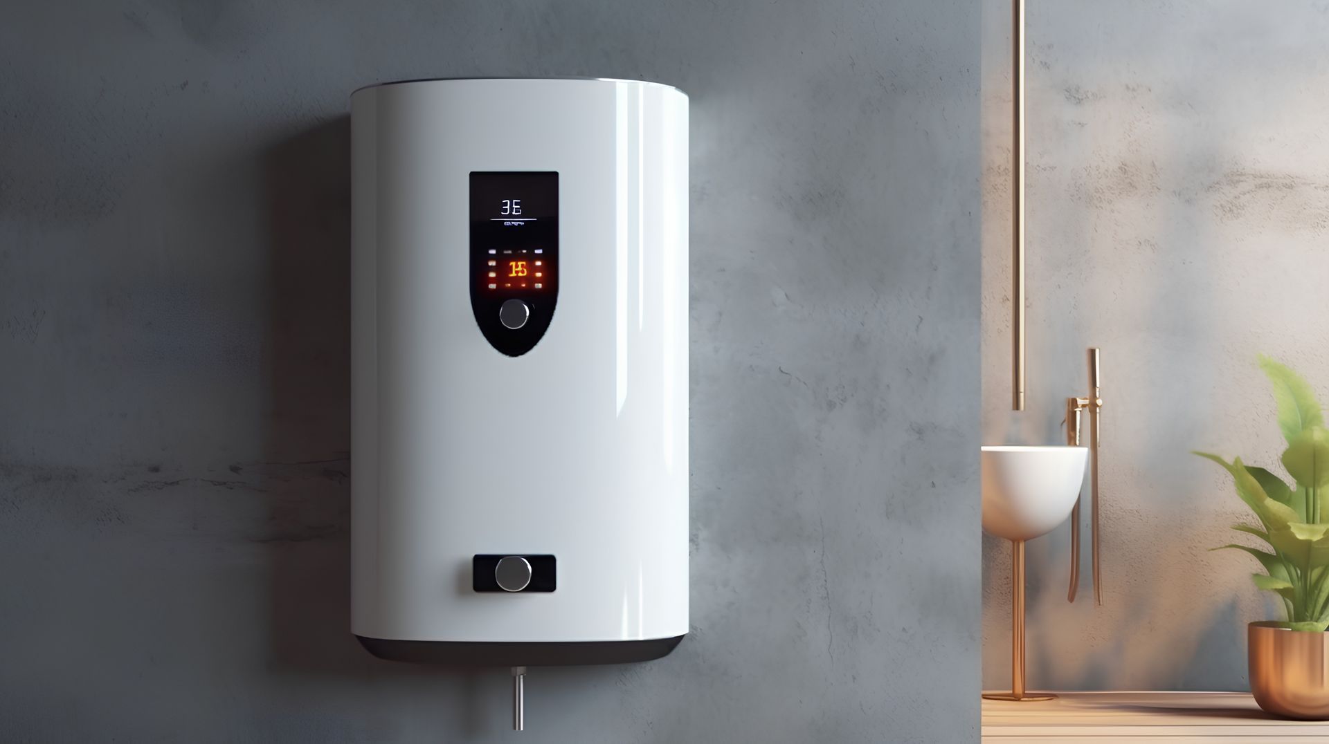 Wall-mounted white water heater on a gray bathroom wall beside a sink and plant