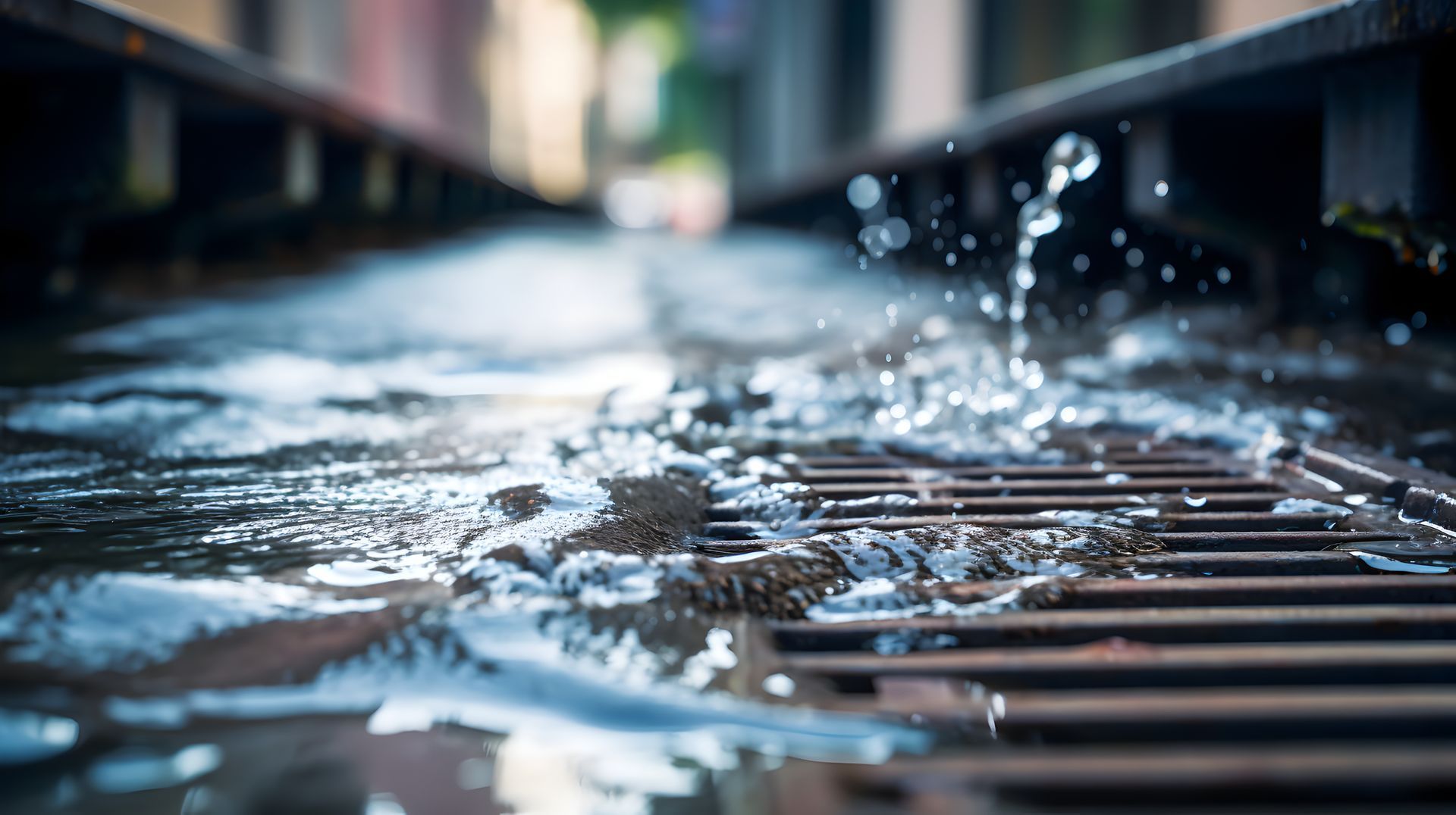 Rainwater splashing on a metal grate in a blurred industrial setting