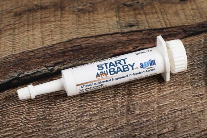 White syringe-shaped tube labeled “Start Baby” on a wooden surface