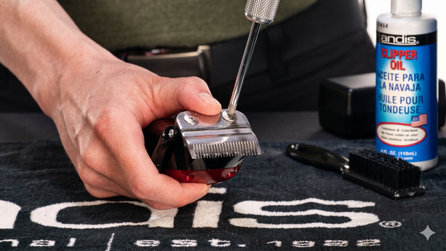 Hand lubricating electric trimmer blades with oil beside a can of clipper oil.