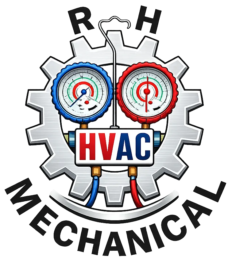 R&H Mechanical HVAC logo with gear, gauges, and red-blue lettering