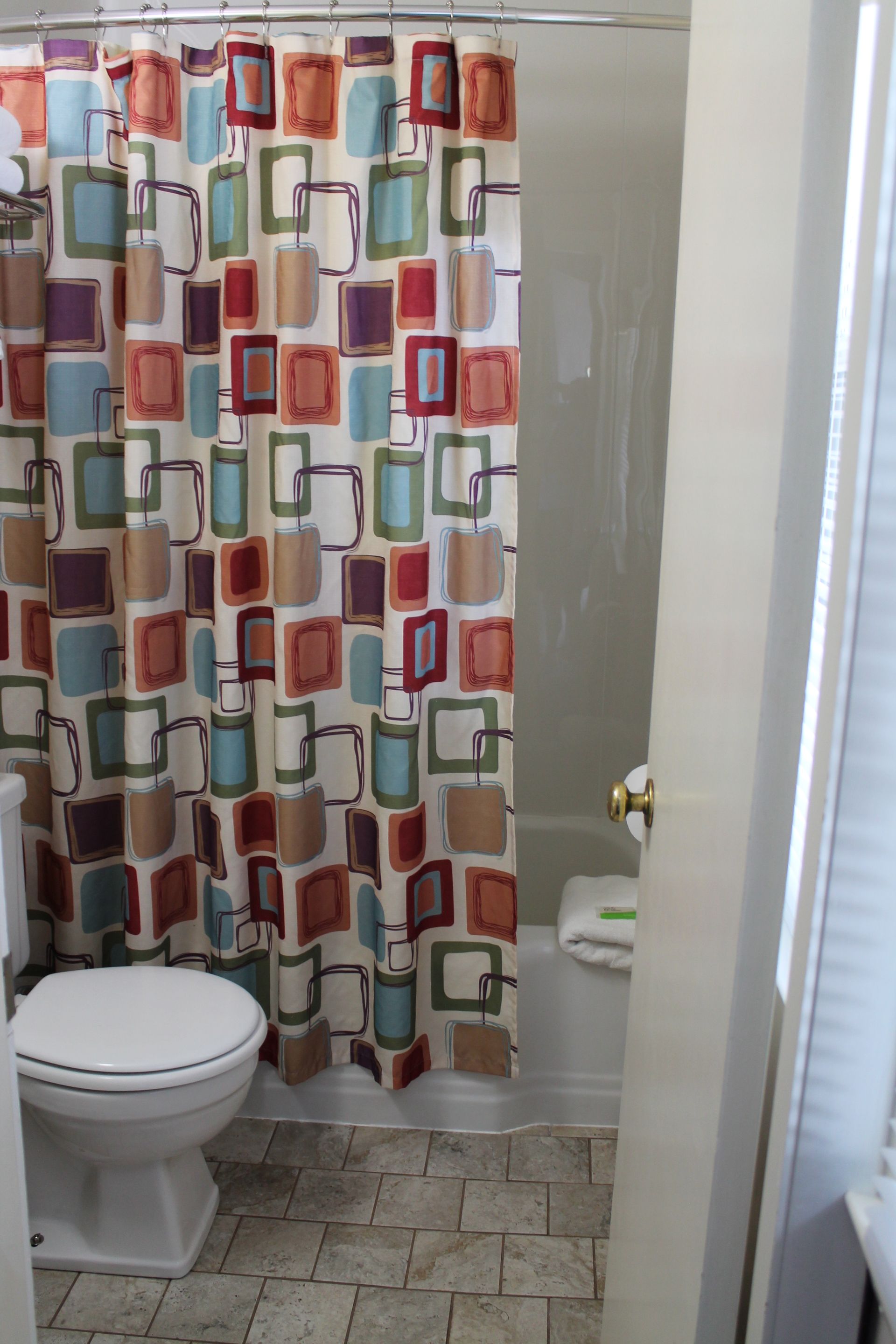 Bathroom with a patterned shower curtain, toilet, and partially visible door.