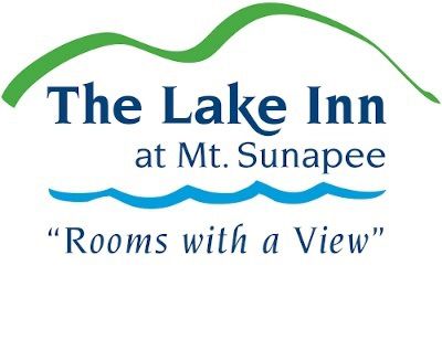 Logo for The Lake Inn at Mt. Sunapee. Features green mountain, blue water, and text