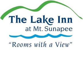 Logo for The Lake Inn at Mt. Sunapee. Features green mountain, blue water, and text 