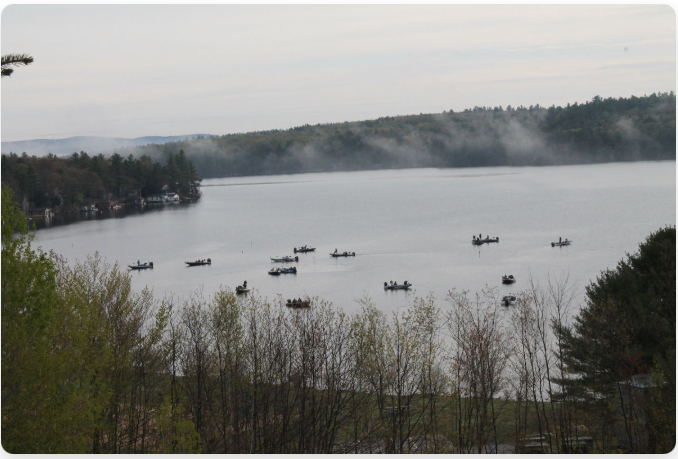 Boats fishing on a lake. Trees surround the water, mist hangs low, creating a foggy atmosphere.