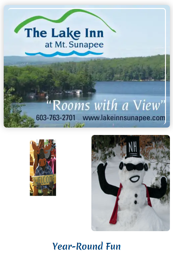 Advertisement for The Lake Inn at Mt. Sunapee, NH, with a lake view, phone/website, and photos of a craft store and snowman.