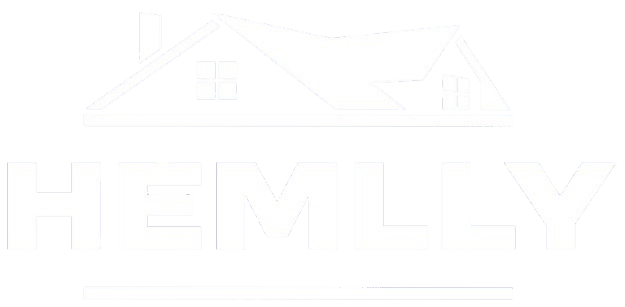 Faint white line-art logo with a house roof and the word “HEVY” on a white background