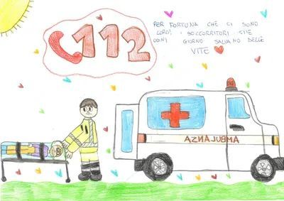 Un bambino accanto a un'ambulanza con una croce rossa e il numero