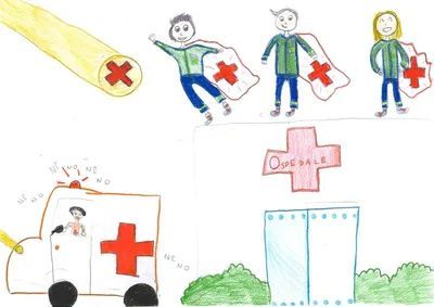 Bambini che reggono croci rosse vicino a un ospedale e a un'ambulanza in un disegno fatto da bambini progetto Bimbi 118 La Varesina Emergenza Montonate (VA)