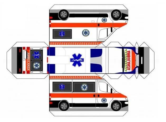 Modello di ambulanza in carta con strisce rosse e blu e simbolo della stella della vita