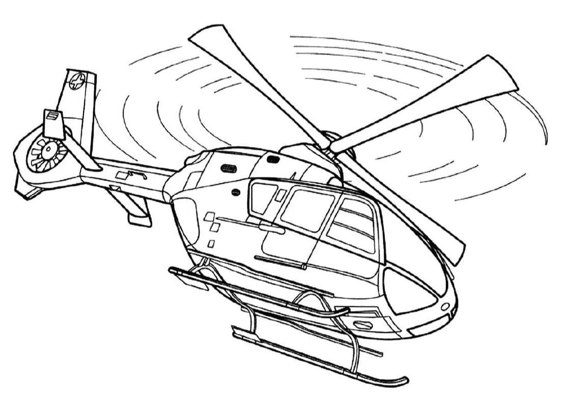 Disegno schematico di un elicottero in volo con pale del rotore in rotazione e pattini di atterraggio.