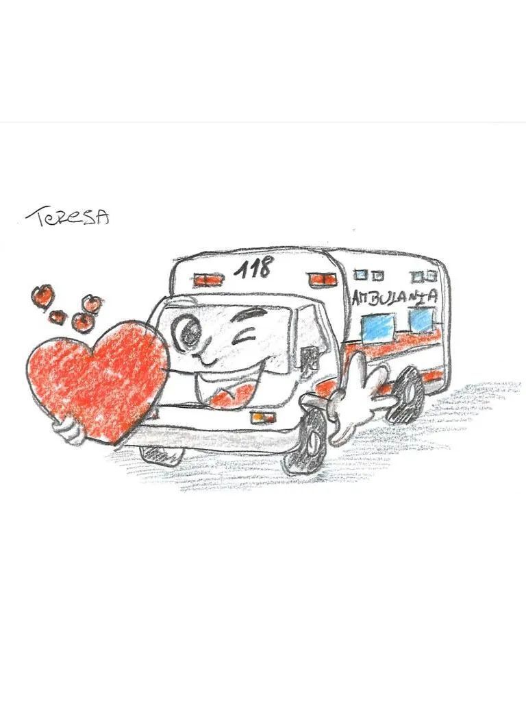 Ambulanza stilizzata con una faccina sorridente e un cuore rosso, che guida su uno sfondo bianco La Varesina Emergenza Montonate (VA)