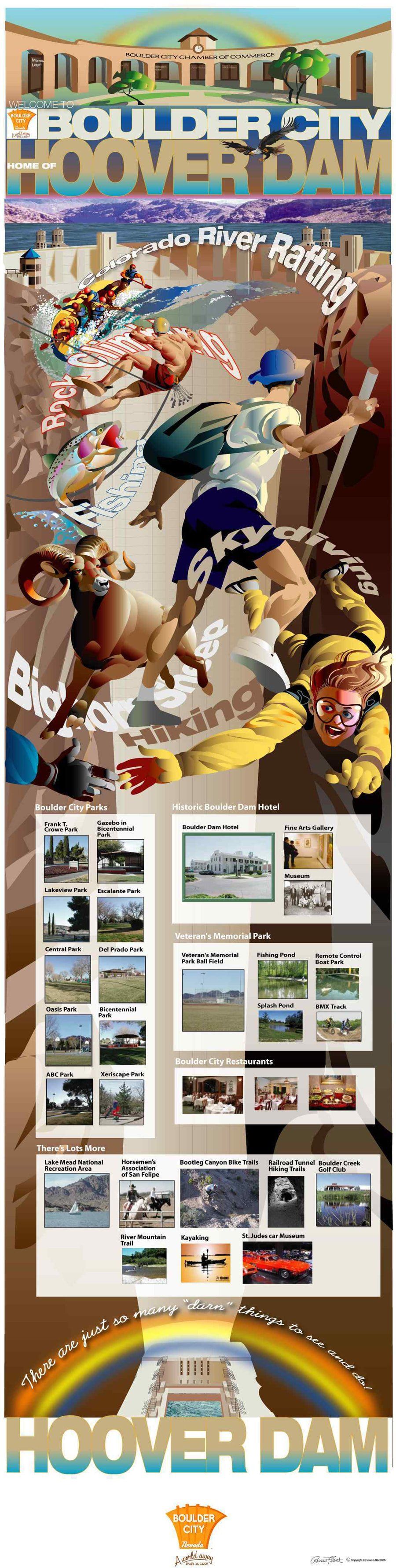 Hoover Dam promotional poster. Shows construction workers, buildings, rainbow, text, and photos.