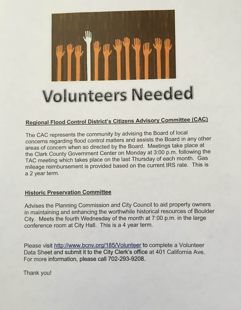 Flyer seeking volunteers. Brown and orange graphic of raised hands. Text details:  Board, committee, meeting info.