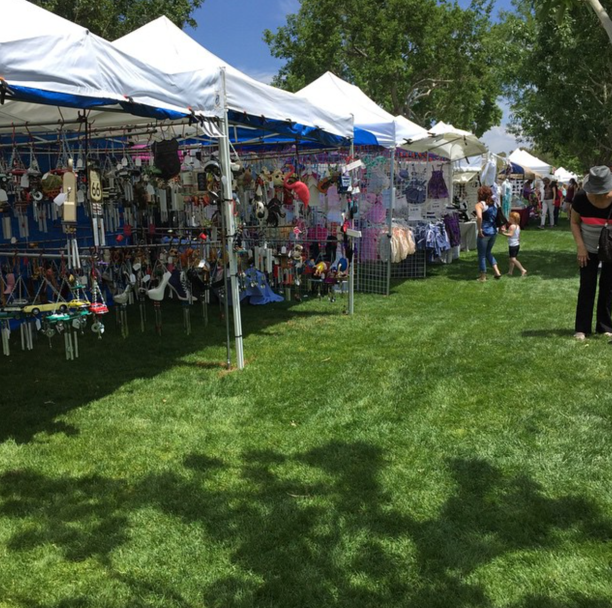 Tented market stalls on green grass, with items for sale displayed. People browse on a sunny day.