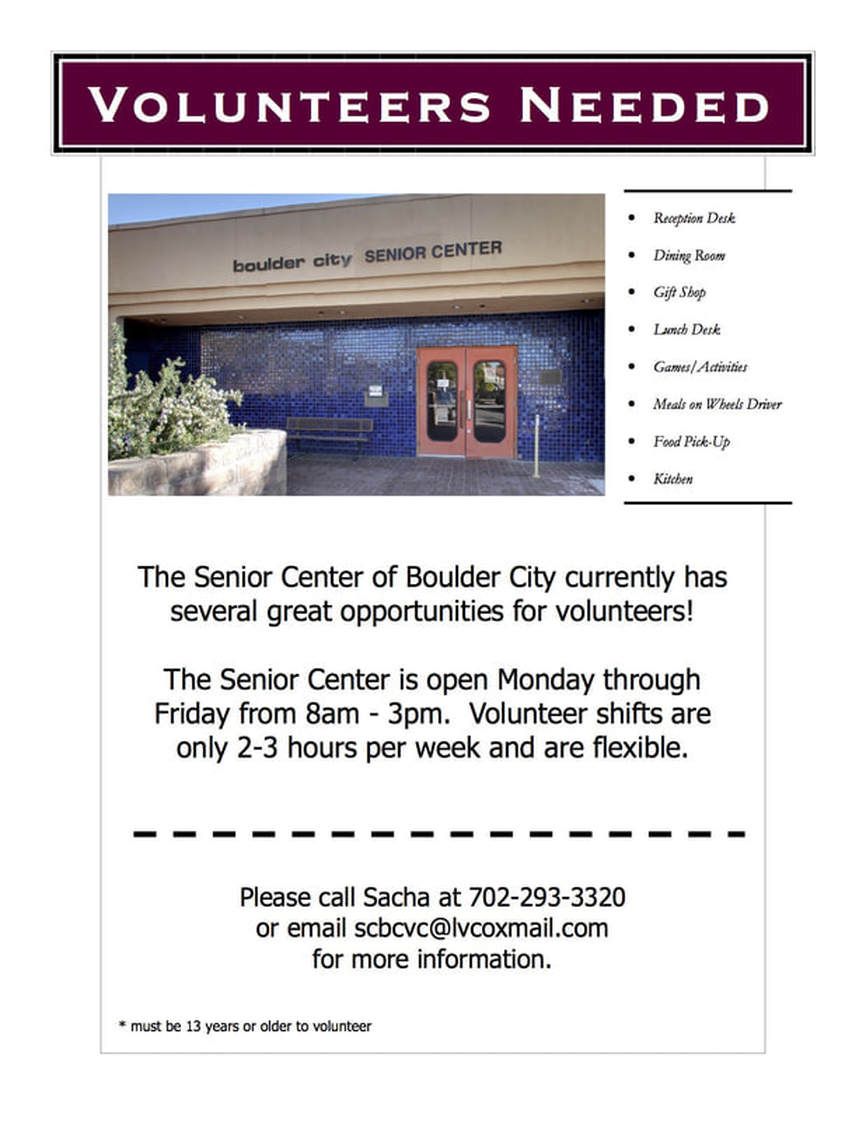 Volunteer flyer for the Senior Center of Boulder City. The center is open Mon-Fri, 8am-3pm.