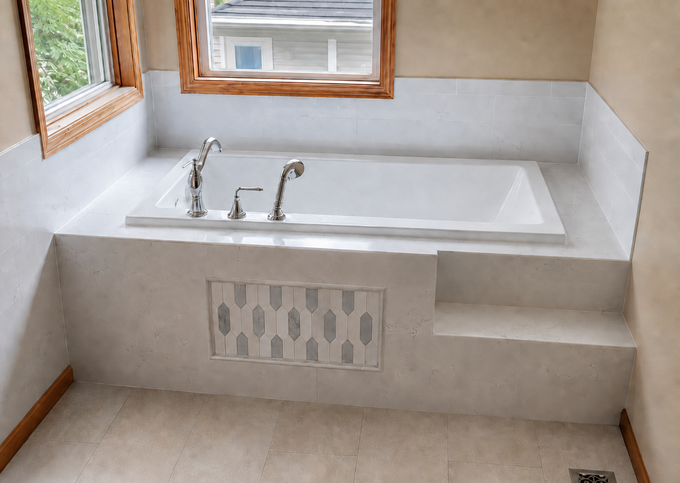 Bathroom with built-in bathtub, light marble tile, wooden vanity, and window.
