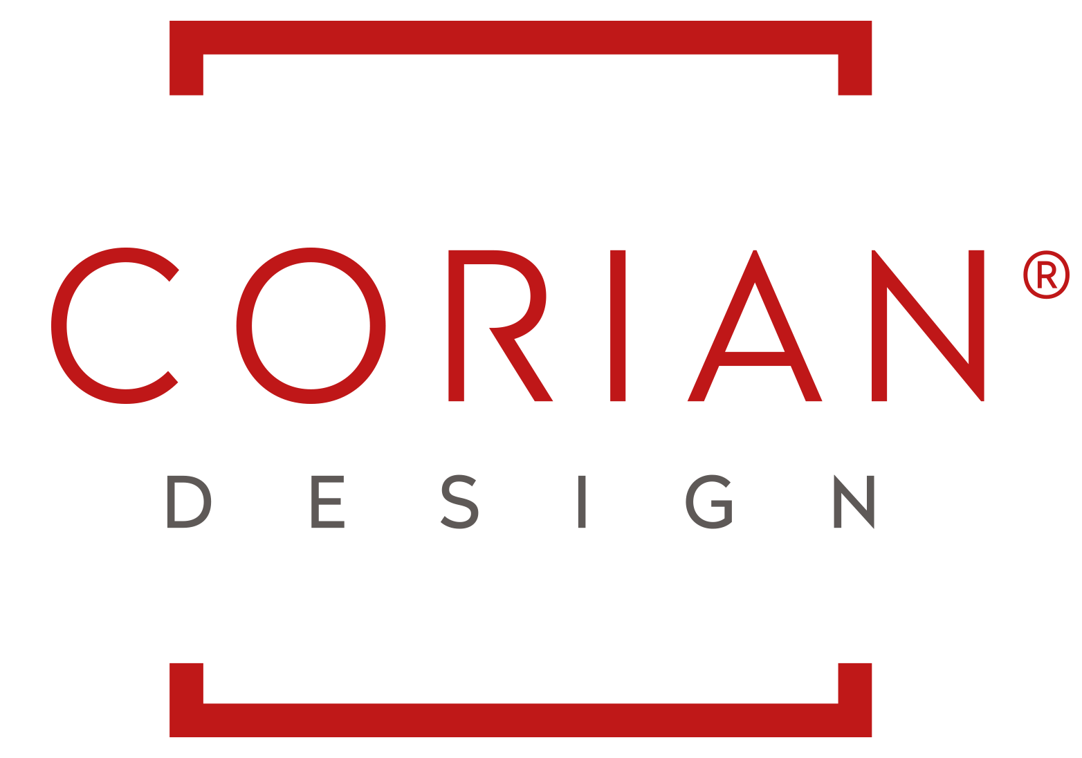 Corian Design logo in red and gray; square outline surrounds