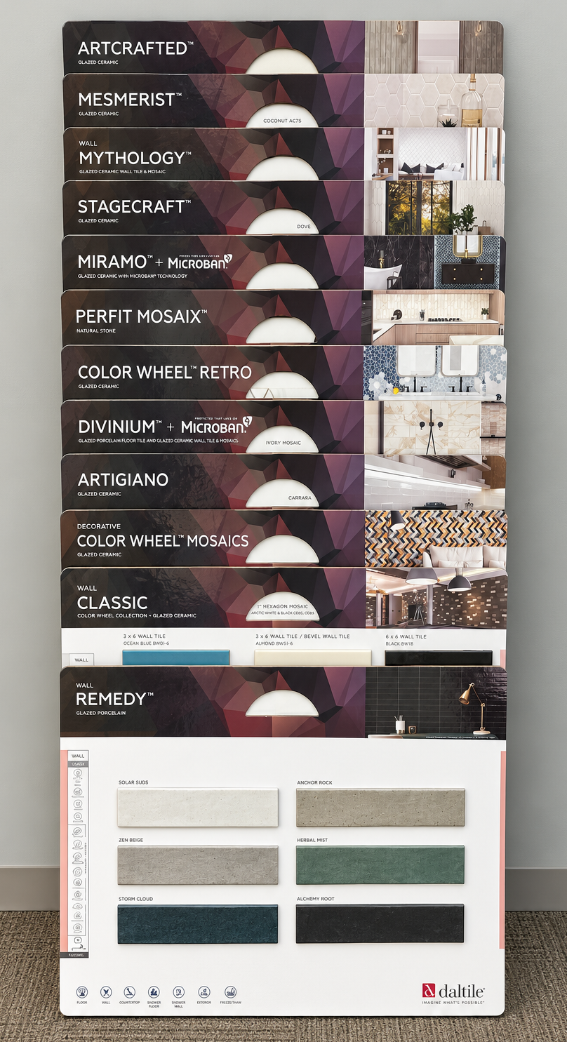 Two vertical displays of countertop samples in a showroom setting.