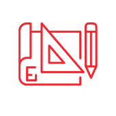 Red architectural tools: blueprint, triangle, and pencil.