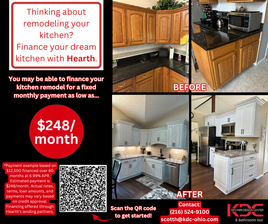 Kitchen remodel ad. Before/after photos. White kitchen with granite counters offered for $248 monthly. QR code to get rates.