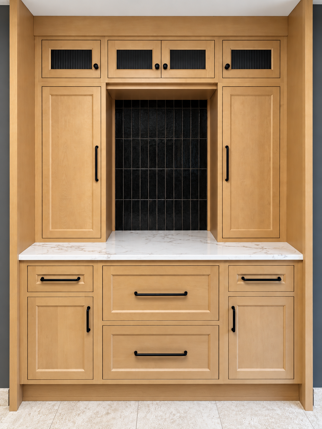 Display of KraftMaid Vantage cabinet samples in various colors and finishes.