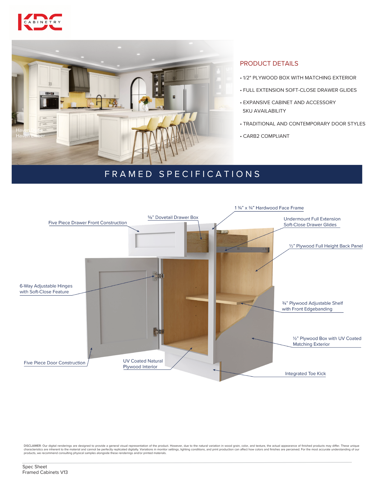 Kitchen cabinet brochure showing a white island and a labeled exploded cabinet diagram