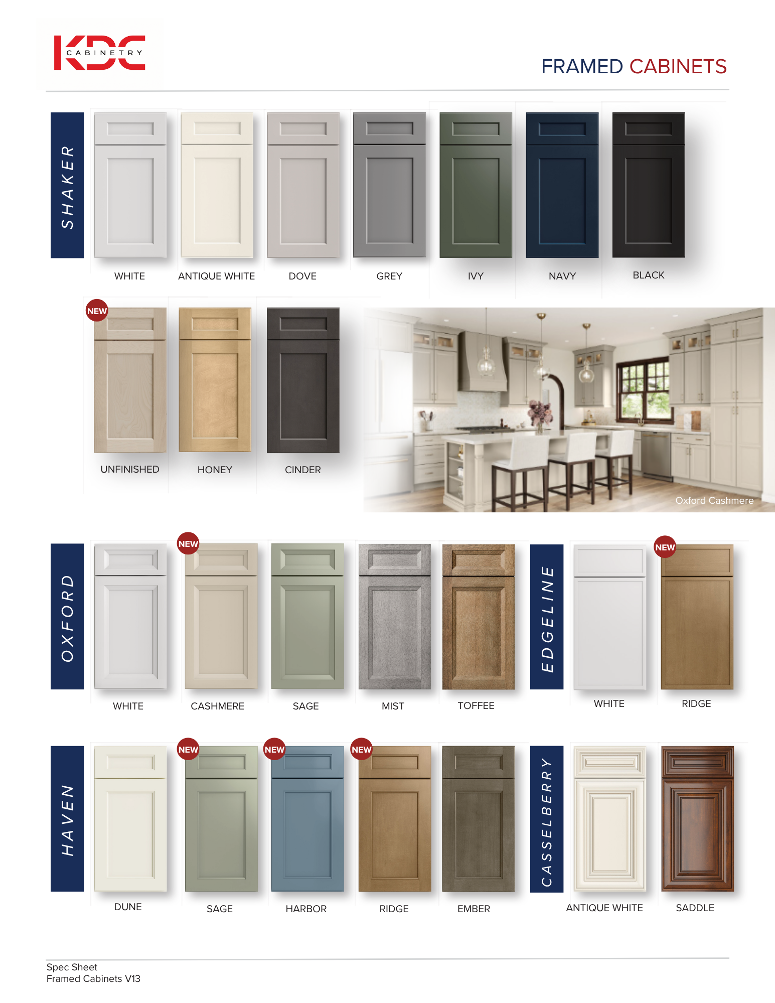 Cabinet color and style chart showing multiple door finishes with a kitchen render in the center.