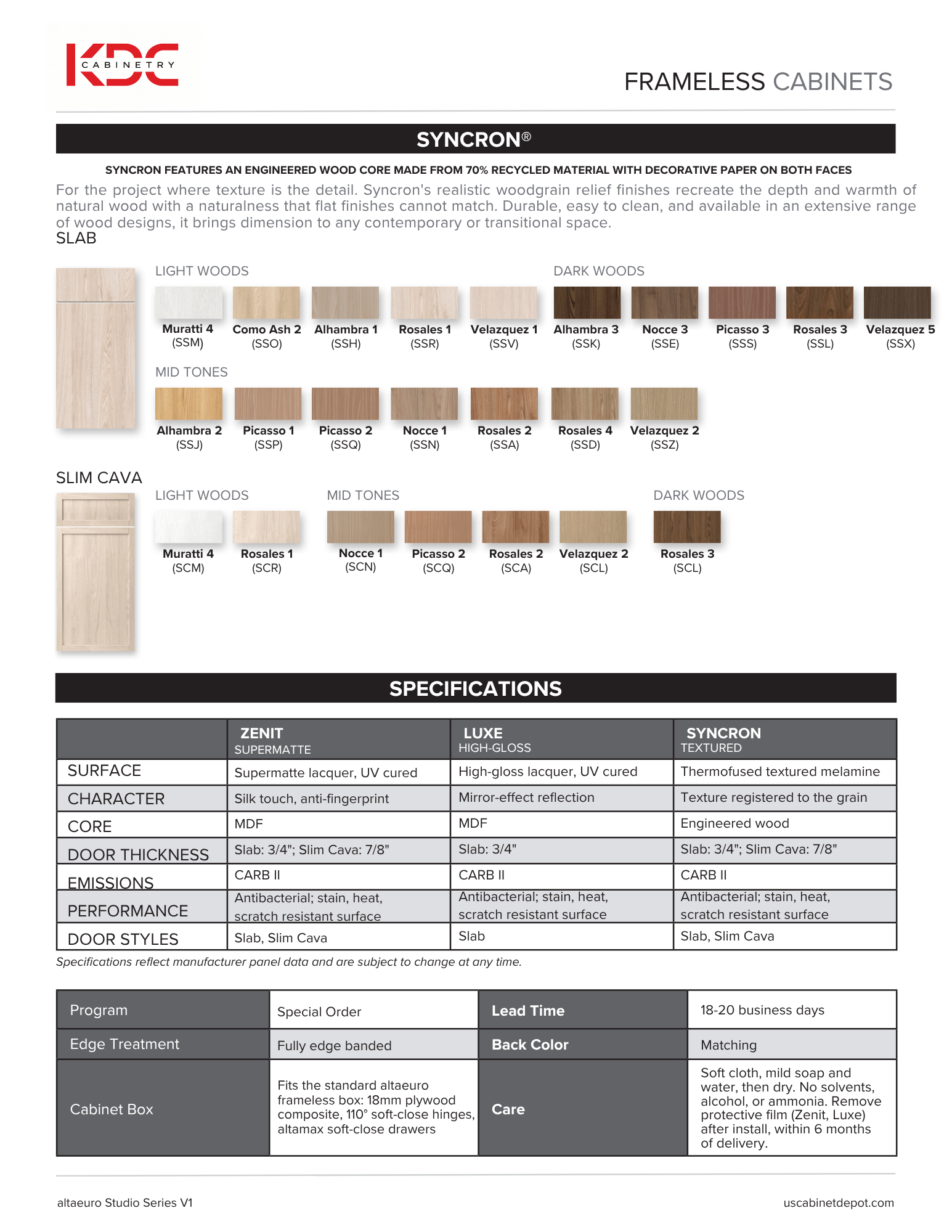 Cabinet finish chart with wood color swatches, specifications, and product details on a white page
