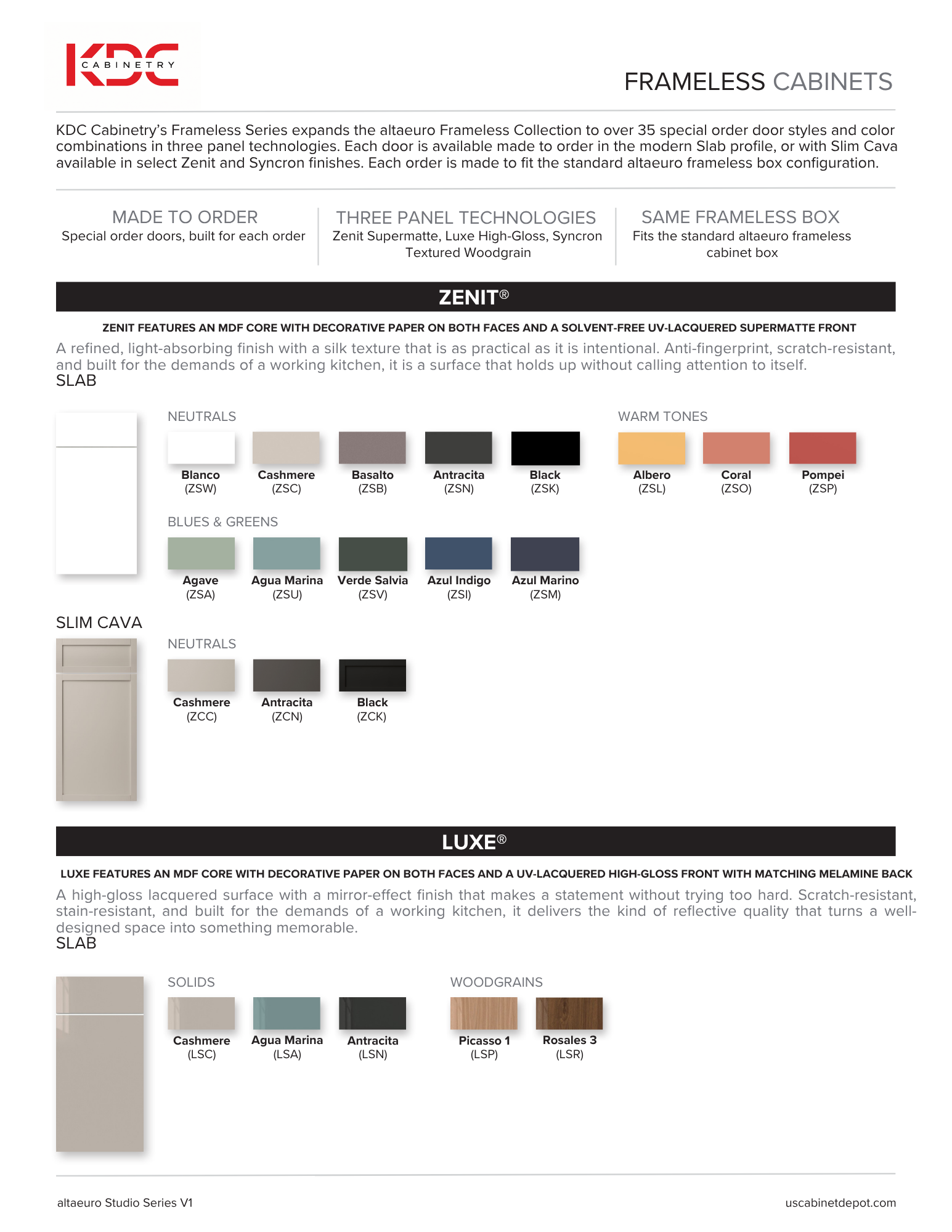Cabinet finish chart with color swatches and labeled paint options for interiors and exteriors