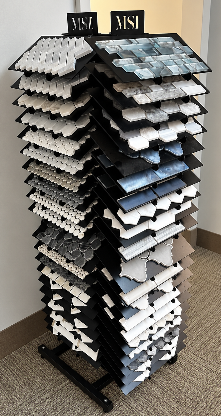 Display stand showcasing various countertop samples; black, white, and patterned granite and marble options.
