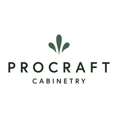 Logo for Procraft Cabinetry, featuring dark green text and an abstract leaf design.