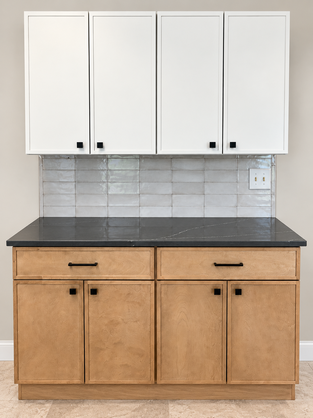 Cabinet display with wood and painted finish samples, featuring a variety of colors and textures.
