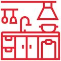 Red outline of a kitchen counter with sink, cabinets, hanging utensils, and a range hood.