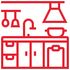 Red kitchen cabinet, sink, faucet, overhead vent, pot, and hanging utensils.