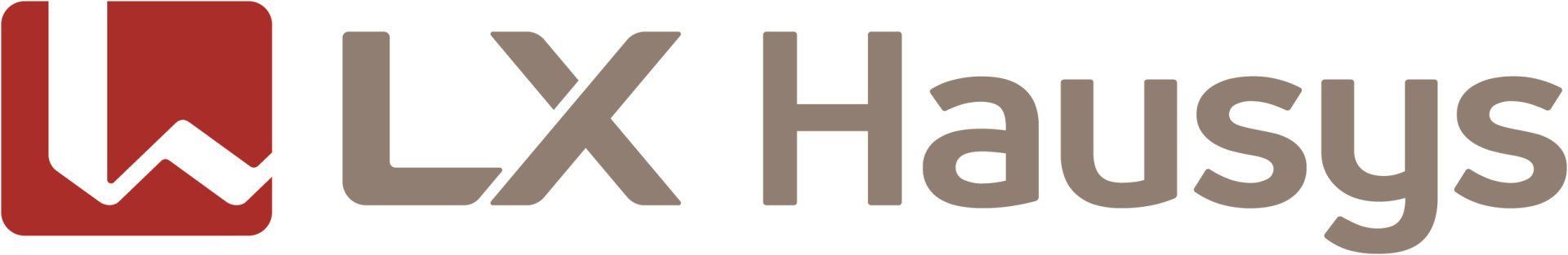 Logo of LX Hausys, a company. Dark red square with white shape on left, grey
