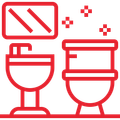 Red outline of a bathroom with sink, mirror, toilet, and sparkling details.