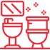 Red outline of a bathroom, including a sink, toilet, mirror, and sparkling accents.