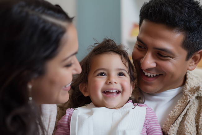 A man and woman are holding a little girl in their arms.