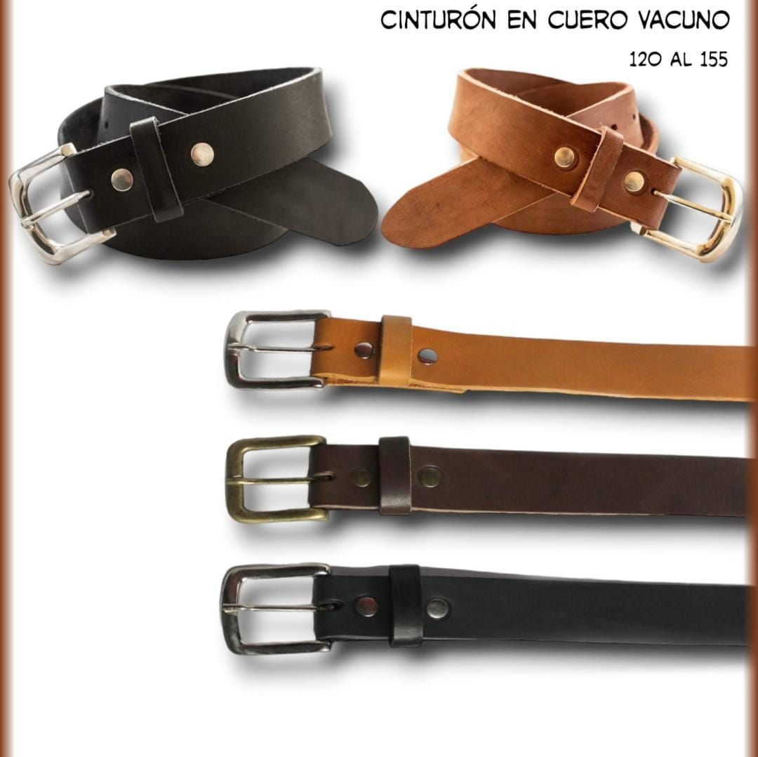 Cinturones de cuero en colores negro, marrón y tostado con hebillas plateadas y doradas.