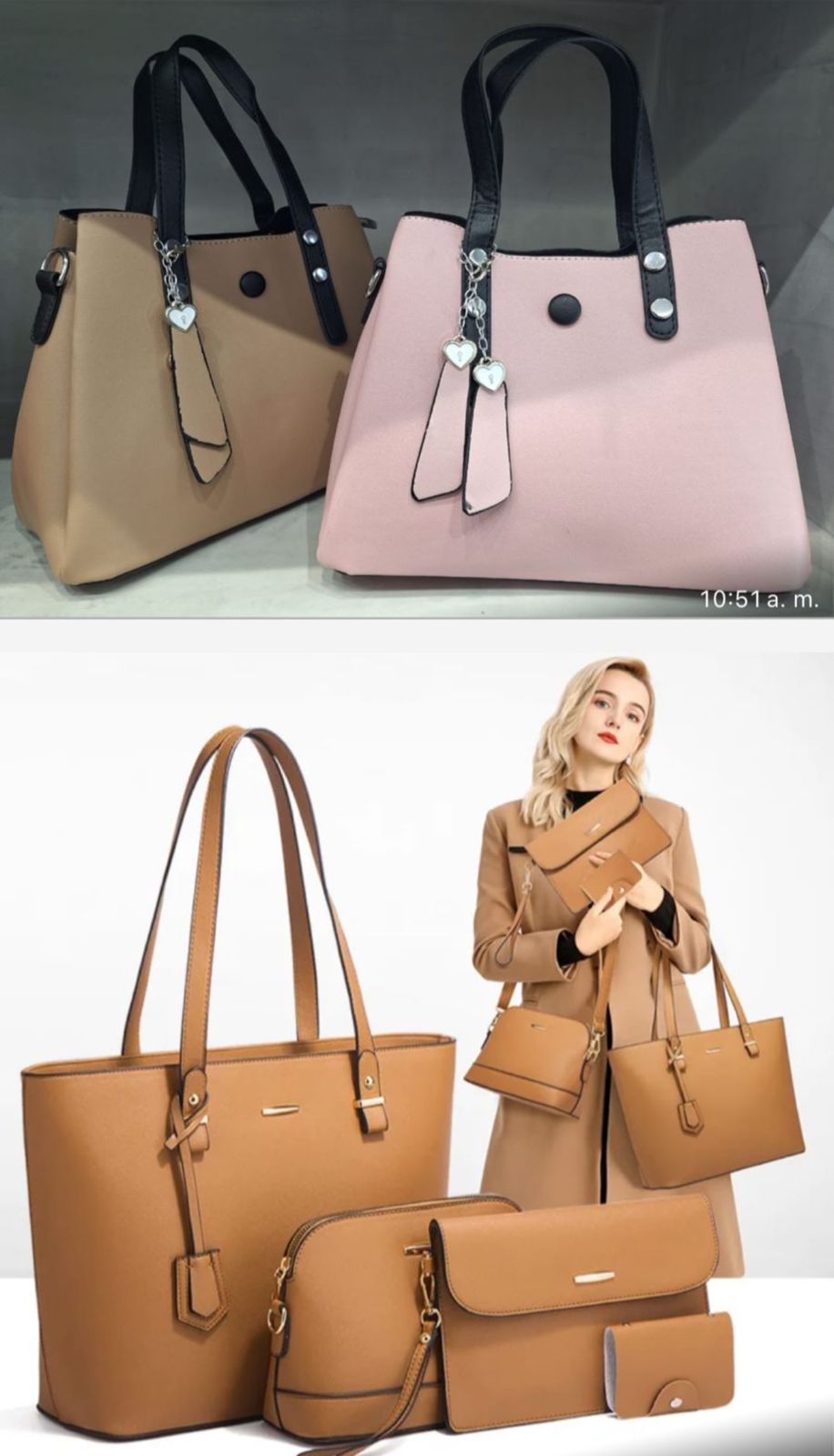 Dos juegos de bolsos de mujer: uno en color rosa y tostado.
