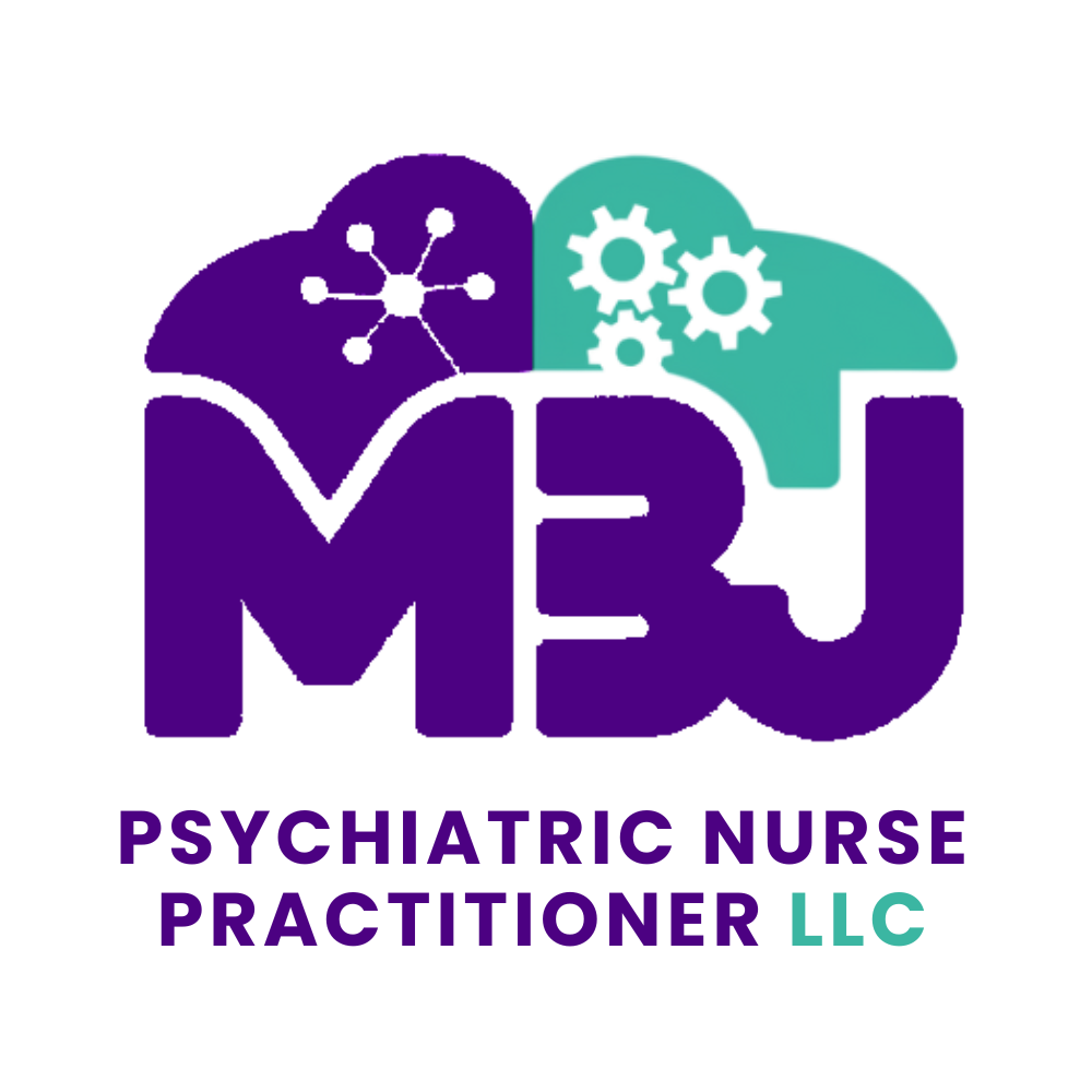 Logo for MBJ Psychiatric Nurse Practitioner LLC: Teal and white cloud-shaped design with brain-themed elements, and teal initials