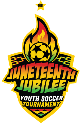 Juneteenth Jubilee youth soccer tournament logo with flame, soccer ball, and yellow-black shield